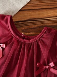 SHEIN Vintaside Kids Baby GirlSweet Dreamy Pink Mesh Dress, Adorned With Cute 3D Bow Decor, Suitable For Outings, Vacations, And Photo Shoots - Burgundy - View 6
