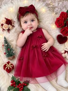 SHEIN Vintaside Kids Baby GirlSweet Dreamy Pink Mesh Dress, Adorned With Cute 3D Bow Decor, Suitable For Outings, Vacations, And Photo Shoots - Burgundy - View 5
