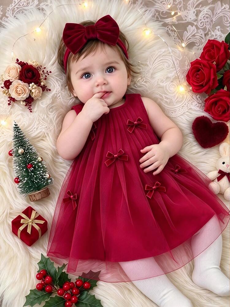 SHEIN Vintaside Kids Baby GirlSweet Dreamy Pink Mesh Dress, Adorned With Cute 3D Bow Decor, Suitable For Outings, Vacations, And Photo Shoots - Burgundy - View 5
