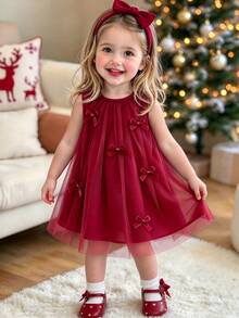SHEIN Vintaside Kids Baby GirlSweet Dreamy Pink Mesh Dress, Adorned With Cute 3D Bow Decor, Suitable For Outings, Vacations, And Photo Shoots - Burgundy - View 9