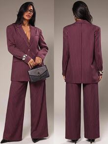 Radiana Casual Fashion Minimalist Textured Oversized Blazer Suit Set, Padded Shoulder And Loose Wide Leg Trousers 2-Piece Set, Burgundy Striped, Fall - Burgundy - View 1