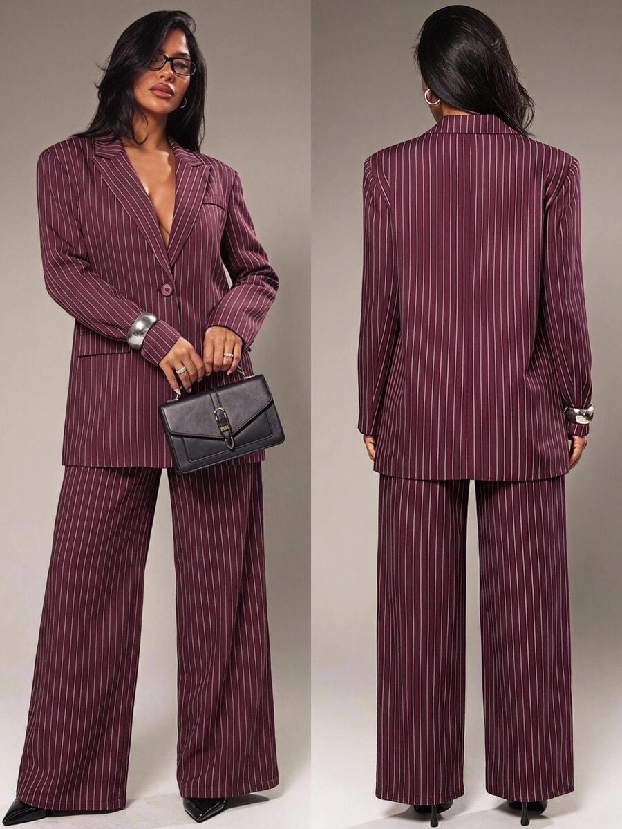 Radiana Casual Fashion Minimalist Textured Oversized Blazer Suit Set, Padded Shoulder And Loose Wide Leg Trousers 2-Piece Set, Burgundy Striped, Fall - Burgundy - View 1
