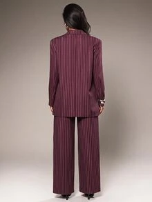 Radiana Casual Fashion Minimalist Textured Oversized Blazer Suit Set, Padded Shoulder And Loose Wide Leg Trousers 2-Piece Set, Burgundy Striped, Fall - Burgundy - View 4