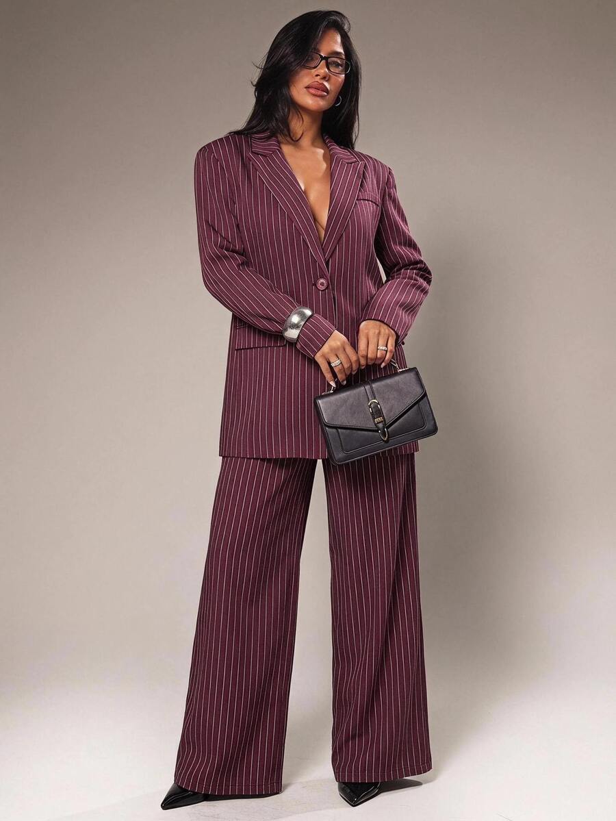 Radiana Casual Fashion Minimalist Textured Oversized Blazer Suit Set, Padded Shoulder And Loose Wide Leg Trousers 2-Piece Set, Burgundy Striped, Fall - Burgundy - View 1