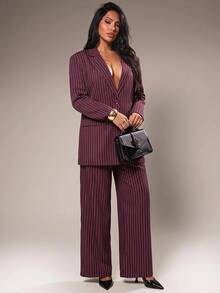 Radiana Casual Fashion Minimalist Textured Oversized Blazer Suit Set, Padded Shoulder And Loose Wide Leg Trousers 2-Piece Set, Burgundy Striped, Fall - Burgundy - View 3