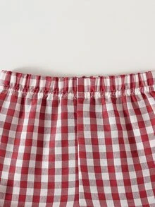 SHEIN Baby Girl Summer White Textured Sleeveless Top And Red Plaid Shorts Set, Decorated With Red Bow, Essential Daily Outfit - Red - View 7