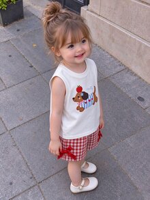 SHEIN Baby Girl Summer White Textured Sleeveless Top And Red Plaid Shorts Set, Decorated With Red Bow, Essential Daily Outfit - Red - View 4
