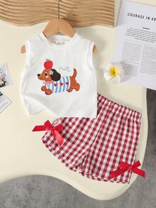 SHEIN Baby Girl Summer White Textured Sleeveless Top And Red Plaid Shorts Set, Decorated With Red Bow, Essential Daily Outfit - Red - View 1