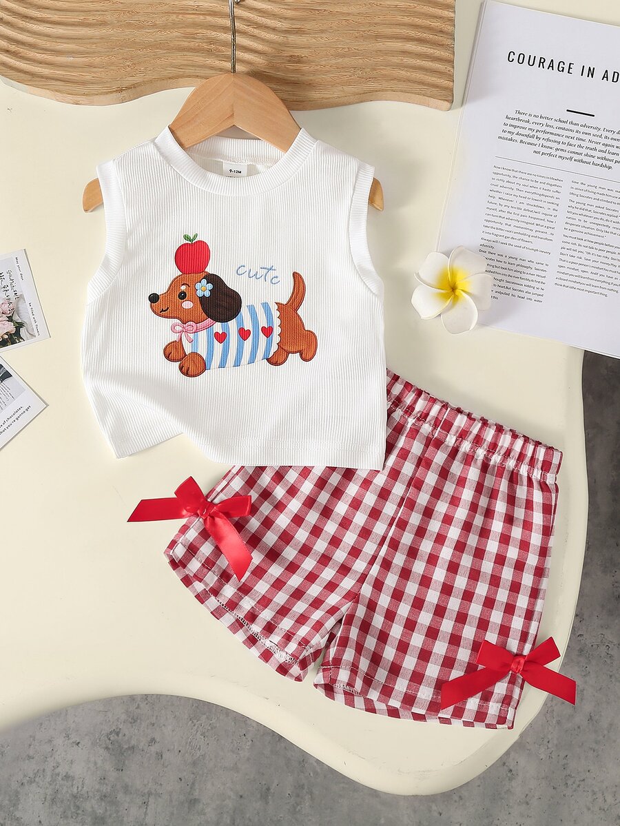 SHEIN Baby Girl Summer White Textured Sleeveless Top And Red Plaid Shorts Set, Decorated With Red Bow, Essential Daily Outfit - Red - View 1