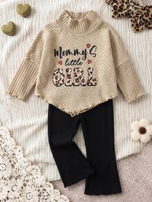 SHEIN 2pcs Toddler Girl Top + Bell Bottoms Cute Beige Black Hearts Leopard Ribbed Long Flare Sleeve Turtleneck Regular Vacation Fall Pullover Jumpers Sets - Multicolor - View 4
