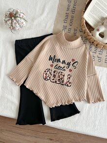 SHEIN 2pcs Toddler Girl Top + Bell Bottoms Cute Beige Black Hearts Leopard Ribbed Long Flare Sleeve Turtleneck Regular Vacation Fall Pullover Jumpers Sets - Multicolor - View 3