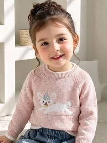 SHEIN 女嬰粉色休閒毛衣，秋冬款，高級連帽套頭衫，鴨子刺繡，長袖，可作為內搭或外套穿著，適合開學、派對和日常穿著 - 淺粉色 - 查看 7