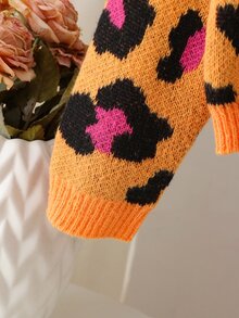 Girls' Cardigan Sweater, Autumn/Winter Fashion Orange & Pink Colorblock Leopard Print V-Neck Long Sleeve Knit Jacket, Versatile Comfortable Soft Texture, Suitable For Halloween, School, Party, Daily Wear - Orange - View 5