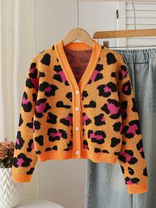 Girls' Cardigan Sweater, Autumn/Winter Fashion Orange & Pink Colorblock Leopard Print V-Neck Long Sleeve Knit Jacket, Versatile Comfortable Soft Texture, Suitable For Halloween, School, Party, Daily Wear - Orange - View 1