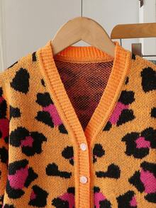 Girls' Cardigan Sweater, Autumn/Winter Fashion Orange & Pink Colorblock Leopard Print V-Neck Long Sleeve Knit Jacket, Versatile Comfortable Soft Texture, Suitable For Halloween, School, Party, Daily Wear - Orange - View 4