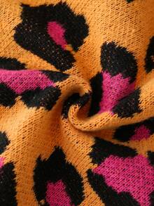 Girls' Cardigan Sweater, Autumn/Winter Fashion Orange & Pink Colorblock Leopard Print V-Neck Long Sleeve Knit Jacket, Versatile Comfortable Soft Texture, Suitable For Halloween, School, Party, Daily Wear - Orange - View 3