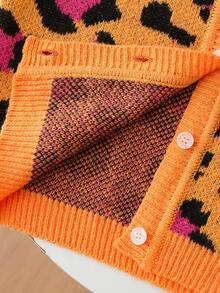 Girls' Cardigan Sweater, Autumn/Winter Fashion Orange & Pink Colorblock Leopard Print V-Neck Long Sleeve Knit Jacket, Versatile Comfortable Soft Texture, Suitable For Halloween, School, Party, Daily Wear - Orange - View 7
