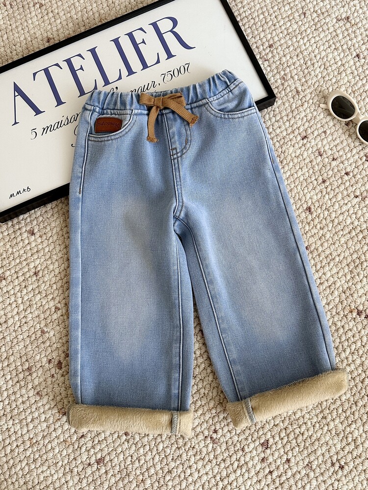 SHEIN Trendiga stonewashed avslappnade baggy jeans med vida ben i blå denim för unga pojkar, barnkläder för vår/sommar, vardagsoutfit - Blå - Visa 4