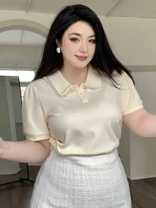 Dazy Plus 彼得潘領珍珠裝飾修身短袖半開襟春夏T恤可愛上衣 - 杏色 - 查看 3
