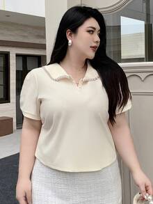 Dazy Plus 彼得潘領珍珠裝飾修身短袖半開襟春夏T恤可愛上衣 - 杏色 - 查看 6