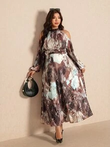 Elaquor Plus Size Women's All-Over Print Casual Elegant Party Birthday Dress Brown Autumn Elegant Daily Going Out Brunch Dress Outfits For Women Fall/Winter - Multicolor - View 7