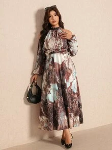 Elaquor Plus Size Women's All-Over Print Casual Elegant Party Birthday Dress Brown Autumn Elegant Daily Going Out Brunch Dress Outfits For Women Fall/Winter - Multicolor - View 1