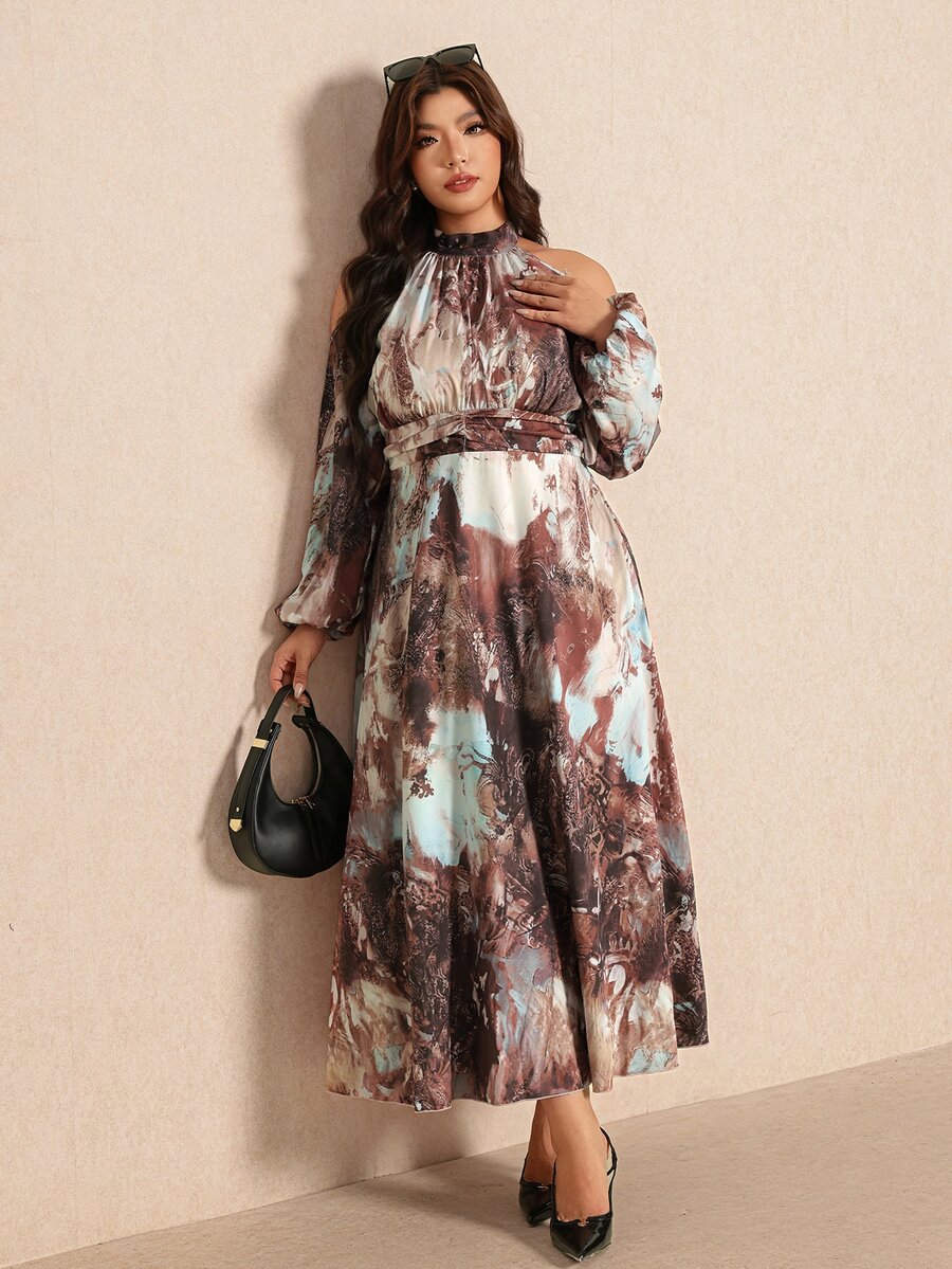 Elaquor Plus Size Women's All-Over Print Casual Elegant Party Birthday Dress Brown Autumn Elegant Daily Going Out Brunch Dress Outfits For Women Fall/Winter - Multicolor - View 1