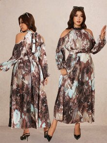 Elaquor Plus Size Women's All-Over Print Casual Elegant Party Birthday Dress Brown Autumn Elegant Daily Going Out Brunch Dress Outfits For Women Fall/Winter - Multicolor - View 6