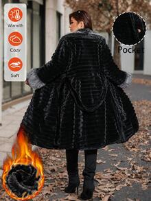 SHEIN Clasi 大尺碼條紋紋理腰帶設計人造毛大衣，冬季保暖，適合聖誕正式晚宴，黑色優雅蓬鬆哥德風 - 黑色 - 查看 12