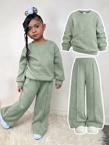 SHEIN 女童秋季衛衣與寬腿褲兩件套，寬鬆休閒極簡百搭風格，兒童7歲生日 - 綠色 - 查看 2