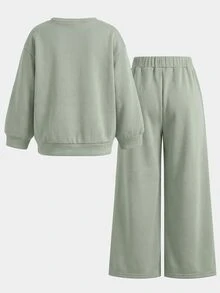 SHEIN 女童秋季衛衣與寬腿褲兩件套，寬鬆休閒極簡百搭風格，兒童7歲生日 - 綠色 - 查看 4
