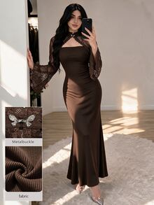 Modelyn Regular Women's New Lace Shawl Top, Knitted Waist-Cinched Bodycon Dress Two Pieces Set Dinner Date Night Date Brown Chocolate Brown Fall Elegant - Brown - View 8