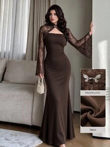 Modelyn Regular Women's New Lace Shawl Top, Knitted Waist-Cinched Bodycon Dress Two Pieces Set Dinner Date Night Date Brown Chocolate Brown Fall Elegant - Brown - View 2