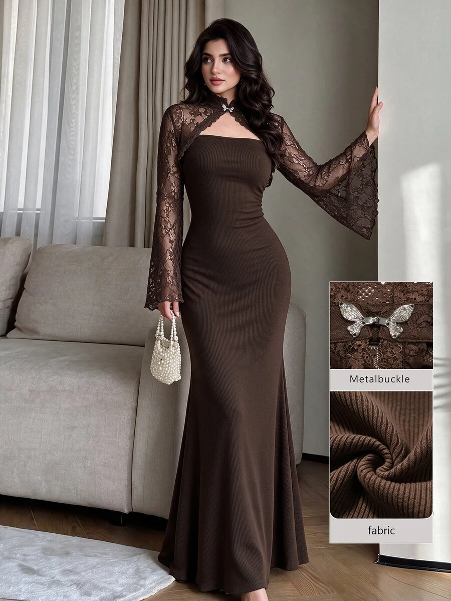 Modelyn Regular Women's New Lace Shawl Top, Knitted Waist-Cinched Bodycon Dress Two Pieces Set Dinner Date Night Date Brown Chocolate Brown Fall Elegant