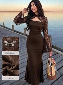 Modelyn Regular Women's New Lace Shawl Top, Knitted Waist-Cinched Bodycon Dress Two Pieces Set Dinner Date Night Date Brown Chocolate Brown Fall Elegant - Brown - View 5