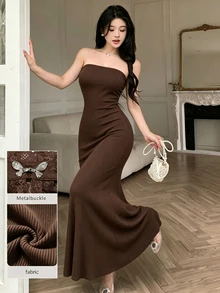 Modelyn Regular Women's New Lace Shawl Top, Knitted Waist-Cinched Bodycon Dress Two Pieces Set Dinner Date Night Date Brown Chocolate Brown Fall Elegant - Brown - View 6