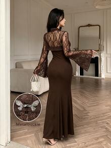 Modelyn Regular Women's New Lace Shawl Top, Knitted Waist-Cinched Bodycon Dress Two Pieces Set Dinner Date Night Date Brown Chocolate Brown Fall Elegant - Brown - View 3