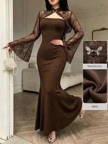 Modelyn Regular Women's New Lace Shawl Top, Knitted Waist-Cinched Bodycon Dress Two Pieces Set Dinner Date Night Date Brown Chocolate Brown Fall Elegant - Brown - View 7