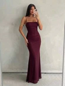 Aloruh Women's Solid Color Pleated Fitted Elegant Spaghetti Strap Dress Autumn Clothes Elegant Dresses Elegant Party Dress - Bold Plum - View 6