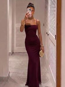Aloruh Women's Solid Color Pleated Fitted Elegant Spaghetti Strap Dress Autumn Clothes Elegant Dresses Elegant Party Dress - Bold Plum - View 1