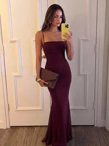 Aloruh Women's Solid Color Pleated Fitted Elegant Spaghetti Strap Dress Autumn Clothes Elegant Dresses Elegant Party Dress - Bold Plum - View 4