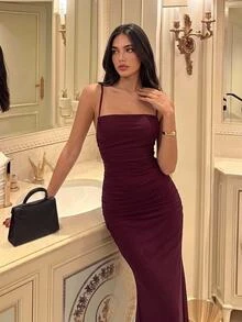 Aloruh Women's Solid Color Pleated Fitted Elegant Spaghetti Strap Dress Autumn Clothes Elegant Dresses Elegant Party Dress - Bold Plum - View 3
