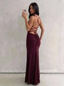 Aloruh Women's Solid Color Pleated Fitted Elegant Spaghetti Strap Dress Autumn Clothes Elegant Dresses Elegant Party Dress - Bold Plum - View 2