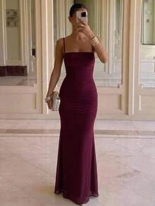 Aloruh Women's Solid Color Pleated Fitted Elegant Spaghetti Strap Dress Autumn Clothes Elegant Dresses Elegant Party Dress - Bold Plum - View 8