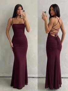 Aloruh Women's Solid Color Pleated Fitted Elegant Spaghetti Strap Dress Autumn Clothes Elegant Dresses Elegant Party Dress - Bold Plum - View 7