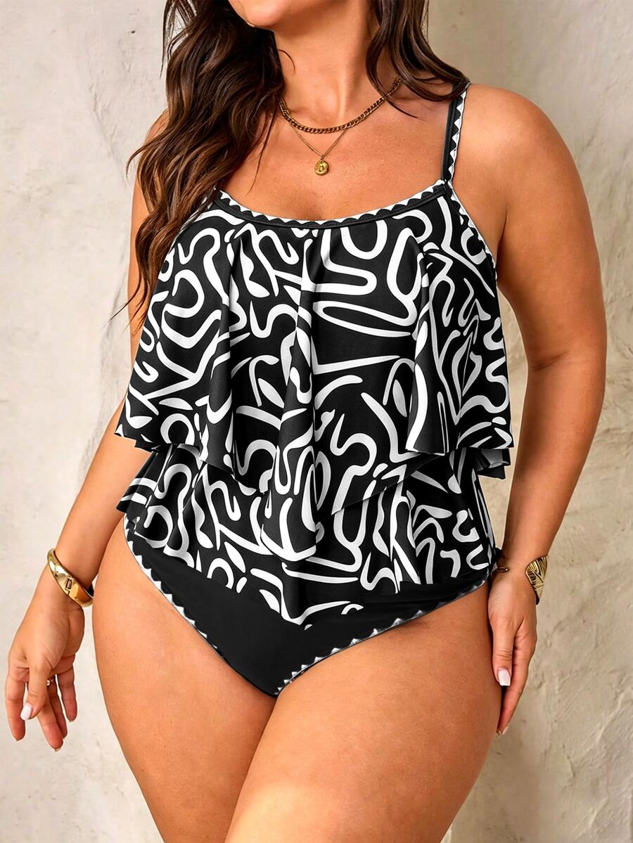 SHEIN Swim Curve 大尺碼女款兩件套,黑色花卉印花細肩帶荷葉邊上衣搭配高腰長褲,夏季海灘度假度假穿搭泳裝 - 彩色 - 查看 1