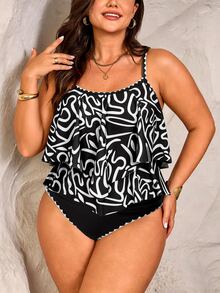 SHEIN Swim Curve 大尺碼女款兩件套，黑色花卉印花細肩帶荷葉邊上衣搭配高腰長褲，夏季海灘度假度假穿搭泳裝 - 彩色 - 查看 4