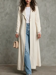 LUMIGAL Elegant French Style Women Fall‑Winter White Lace Patchwork Shell Collar Long Sleeve Woolen Coat For Christmas, New Year & Party Occasions - Beige - View 1