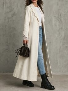 LUMIGAL Elegant French Style Women Fall‑Winter White Lace Patchwork Shell Collar Long Sleeve Woolen Coat For Christmas, New Year & Party Occasions - Beige - View 6