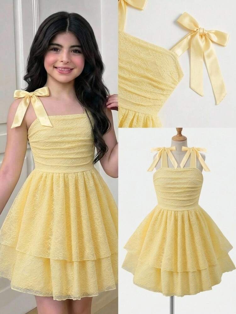 Firerie Kids Firerie Kids Tween Girl Creamy Apricot Lace Cami Cake Dress & Shoulder Strap Bow Decor & Square Neckline With Front Pleats Design & Double Layer Ruffle Hem Full Skirt & Hollow Lace Textured Fabric & Sweet Gentle Style Children Princess Dress & Summer Lightweight Little Girl Outfit & Birthday Party Vacation Unique Design Lace Tween Girl Dress - Yellow - View 3